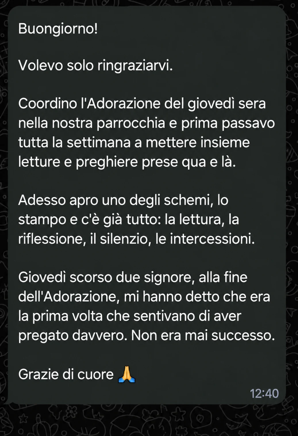 Messaggio WhatsApp di una coordinatrice dell'Adorazione parrocchiale